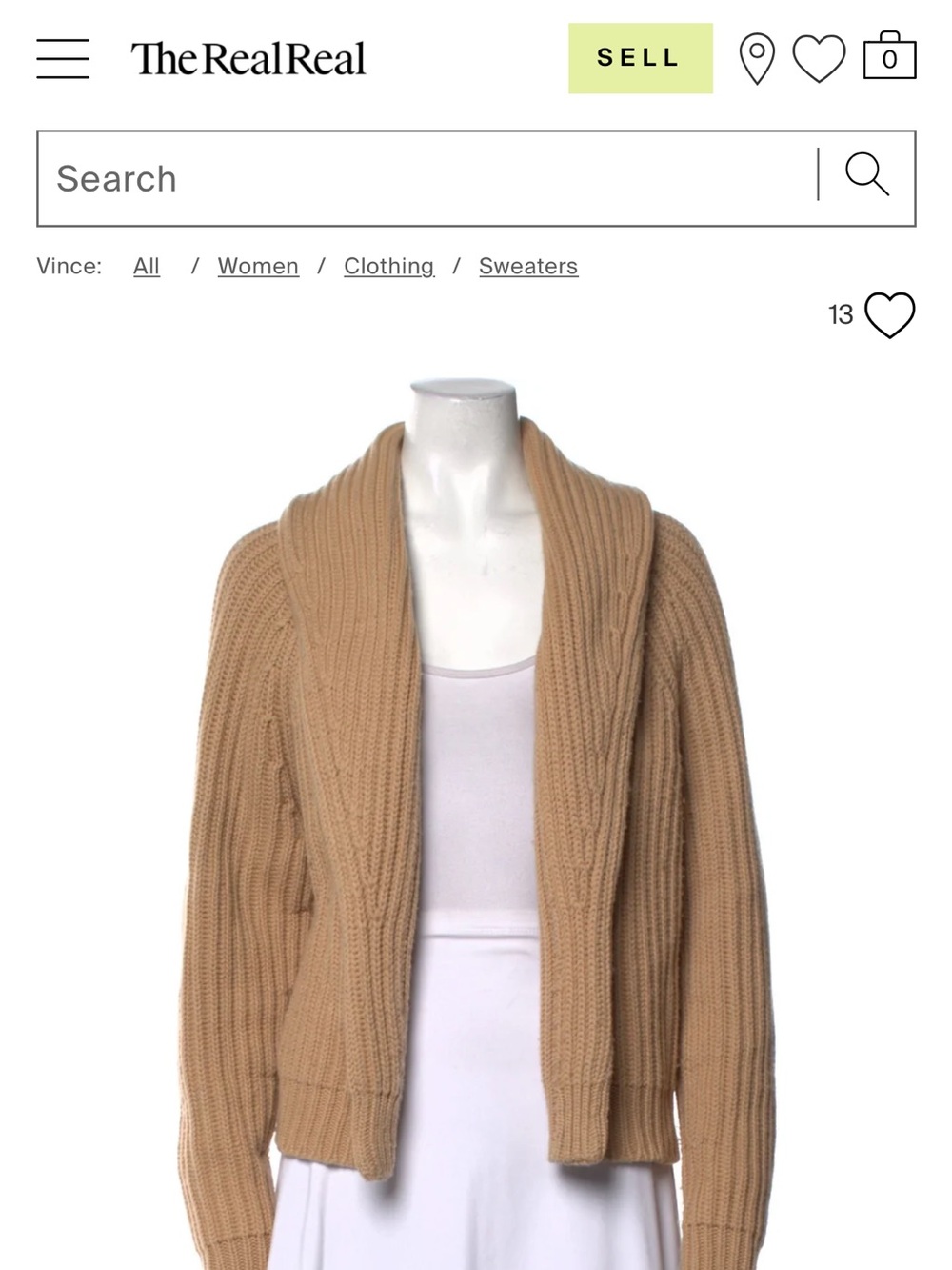 VINCE Camel Ribbed Shawl-Collar Open Cardigan Size Small
